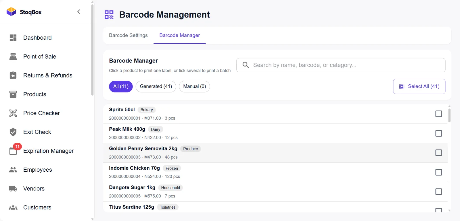 Barcode Manager listing products to tick and print labels for
