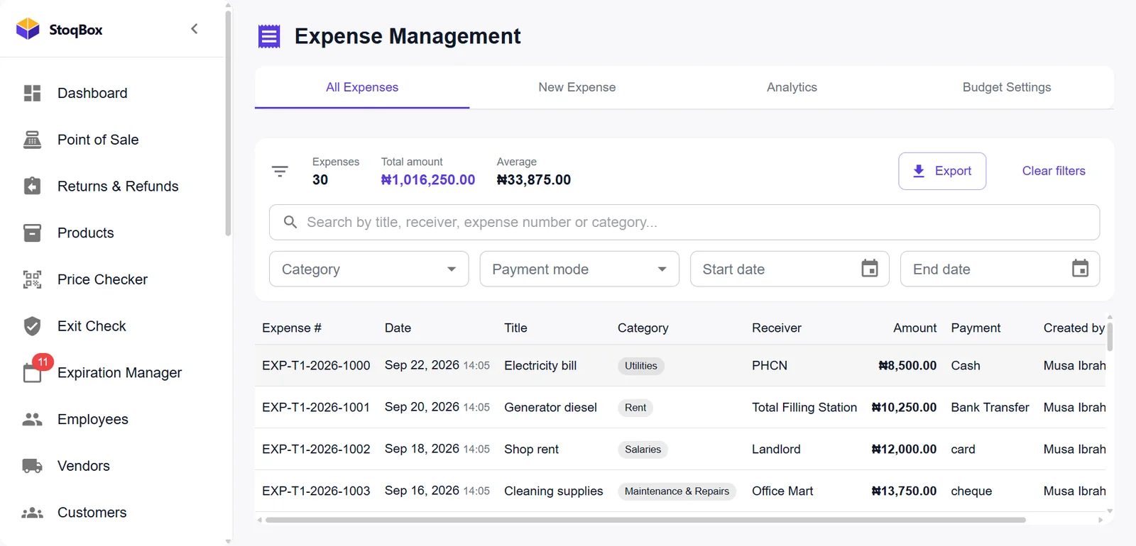 Expense Management list with electricity bill, generator diesel, shop rent and cleaning supplies