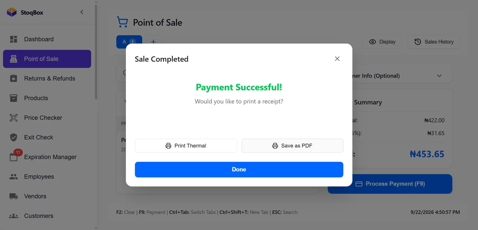 Sale Completed dialog: Payment Successful, with Print Thermal and Save as PDF buttons